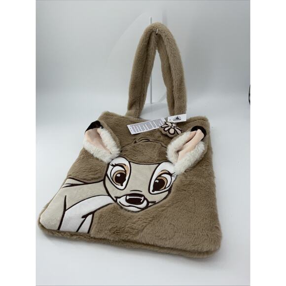 Disney Parks Bag Tote NWT Fuzzy Bambi Print With Magnetic Clasp & Flower Charm - Picture 1 of 10